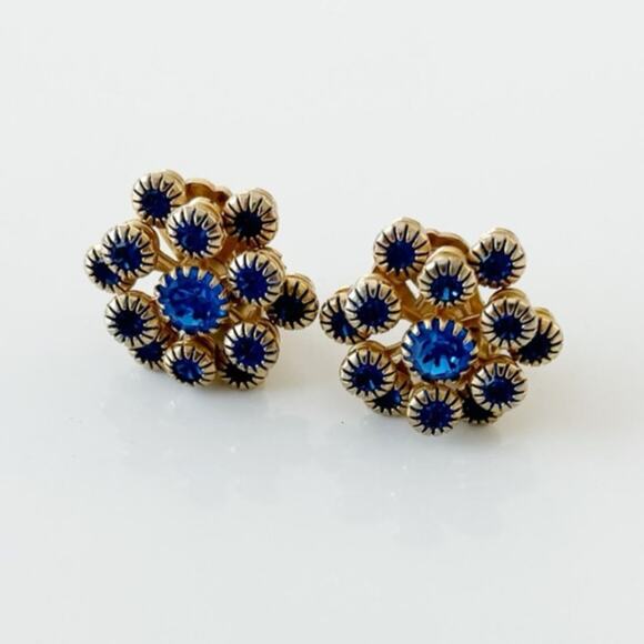 Vintage Czech Rhinestone Clip On Earrings Blue - Picture 1 of 9